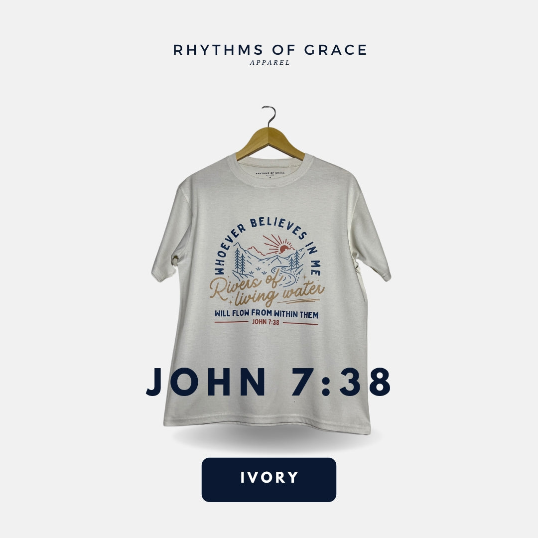 Mga Rhythms of Grace Apparel | Juan 7:38 (Colored Version) | Malaking T-Shirt